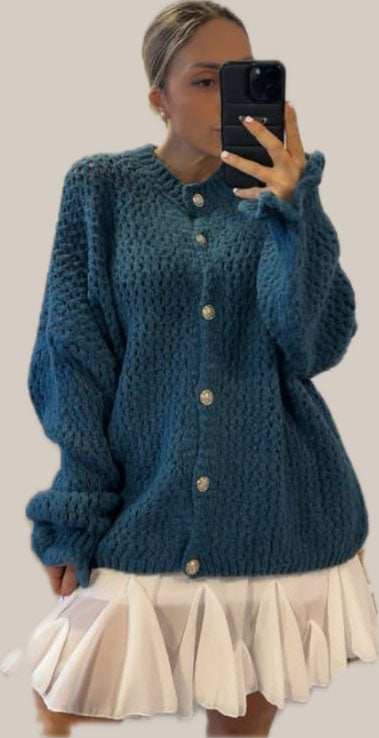 Strickjacke mit Volantärmel, steinblau